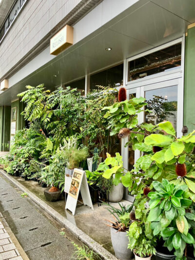 熊本市中央区花畑町のカフェ「GREEN NOTE RELISH」の店舗外観。緑が映えるおしゃれなビル2階の入り口。