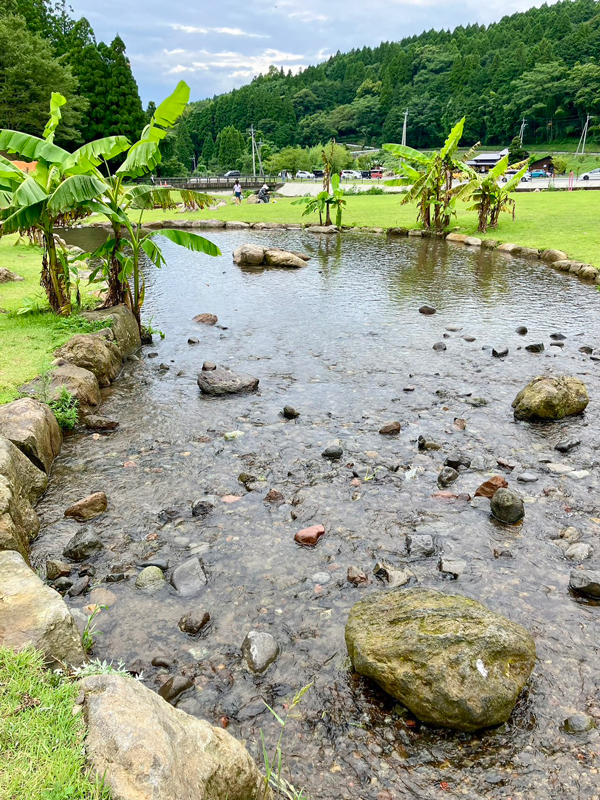 木と石で囲まれた小川、背景には山と田舎の集落風景が広がる